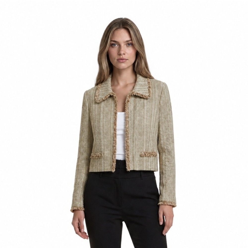 Ming Wang Knit Jacket‎ TopWomen's Size Large Cream Tan Chevron Fringe Open Front